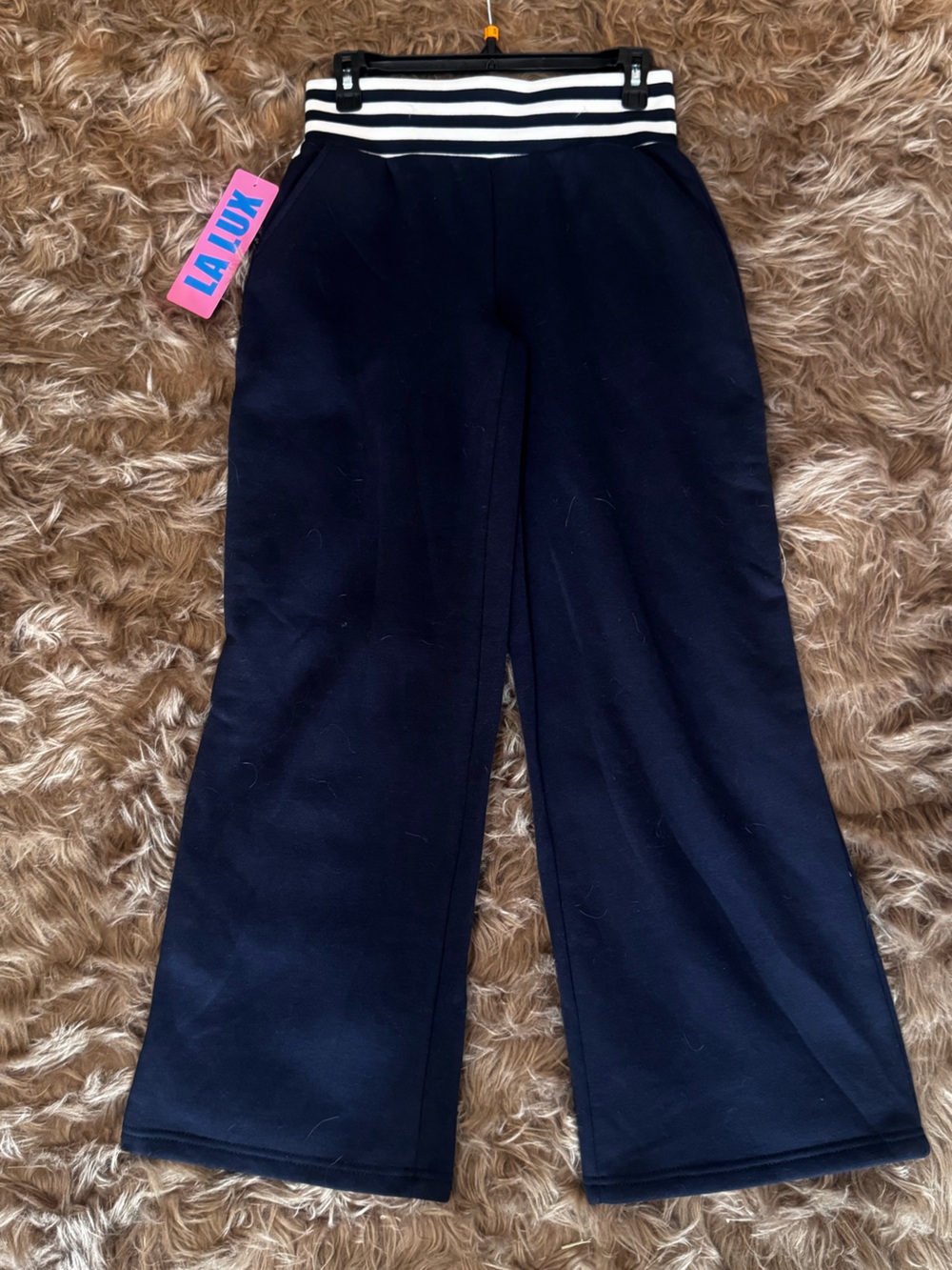 Navy blue track pants culotte thick white blue striped waistband fleece lining